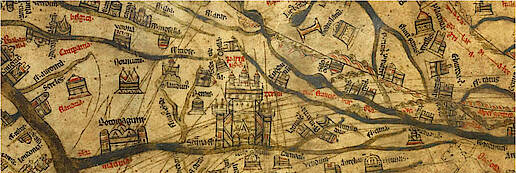 Ausschnitt der Hereford-Karte von ca. 1300, darin Gebiete in Frankreich mit zahlreichen Strichen überzogen. Ausgestellt in der Kathedrale von Hereford. 