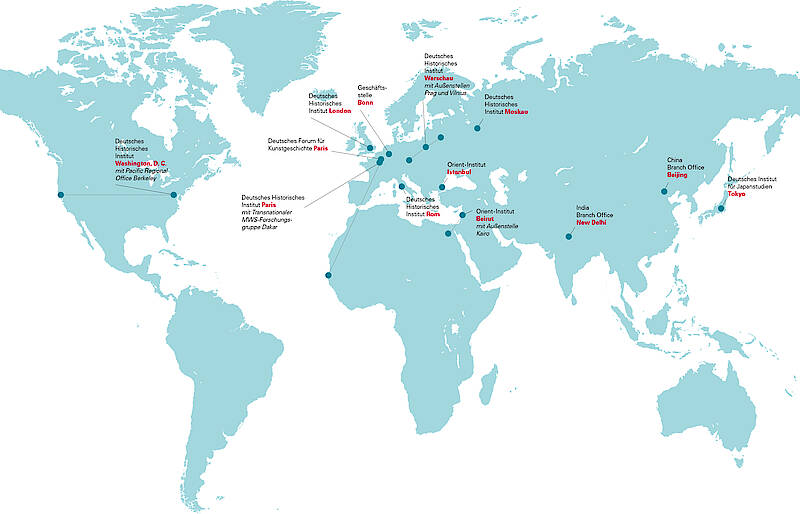 Weltkarte mit den Instituten der Max Weber Stiftung